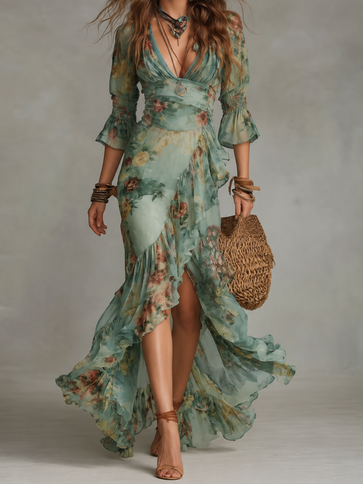 Celeste floral ruffle wrap dress by Bennett and Lowe, showcasing a feminine design with ruffled details and a wrap style.