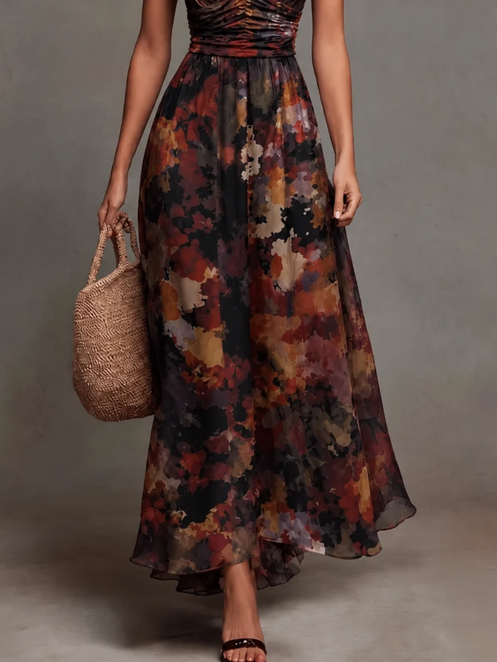 Watercolor floral pleated maxi dress for women by Bennett and Lowe featuring camellia print and flowing fabric.