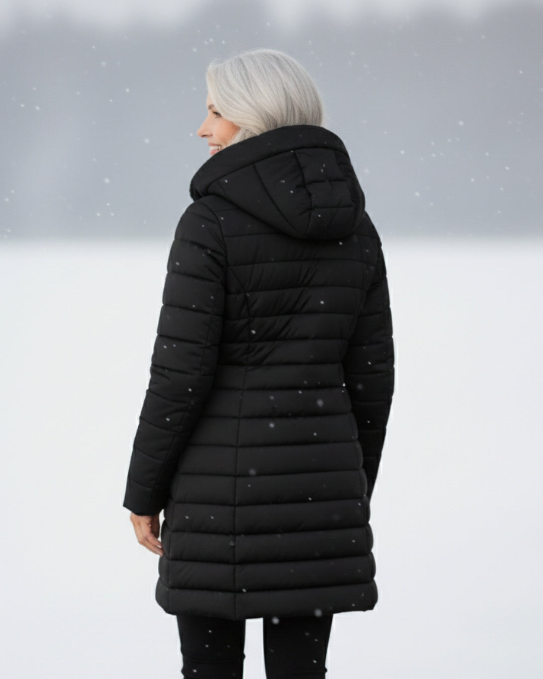 Bennett and Lowe Marguerite hooded quilted winter jacket with insulated design and front pockets, suitable for cold weather outdoor wear.