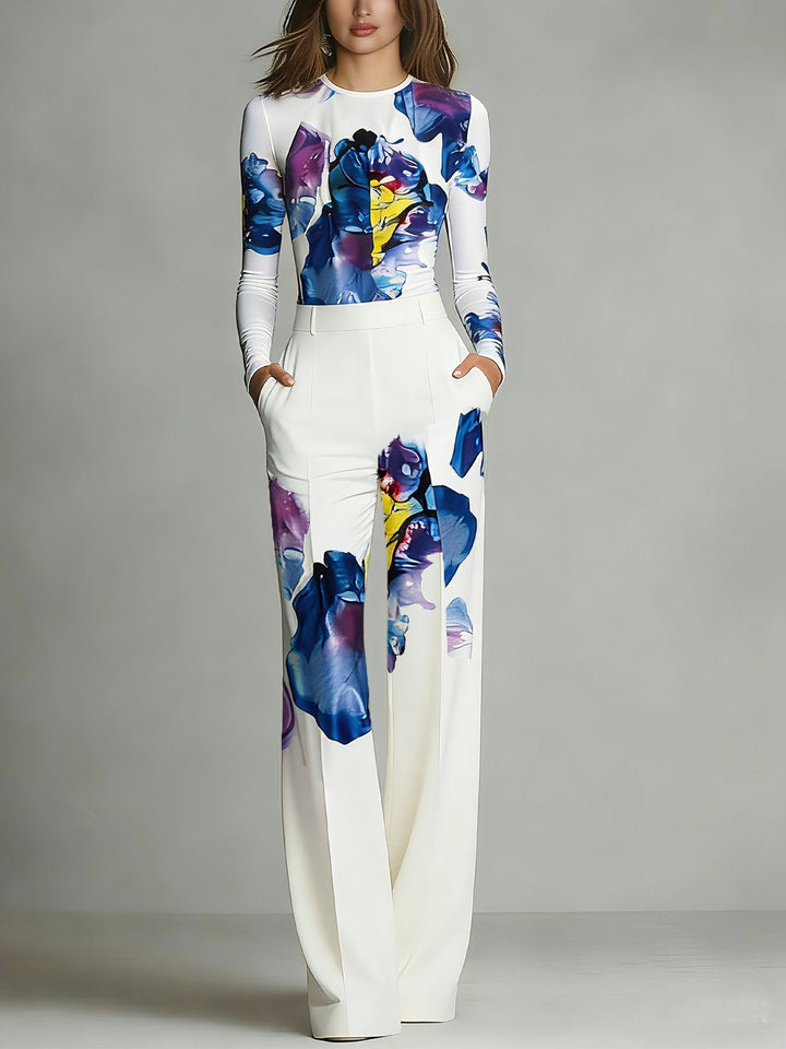 Colorful print two-piece set by Bennett and Lowe featuring a crew neck T-shirt with an urban random print design.