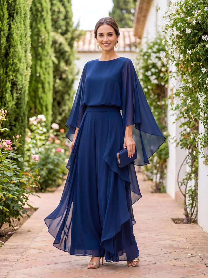 Lenorah two-piece set featuring a cape-sleeve top and ruffled skirt by Bennett and Lowe, shown in a stylish, coordinated ensemble.