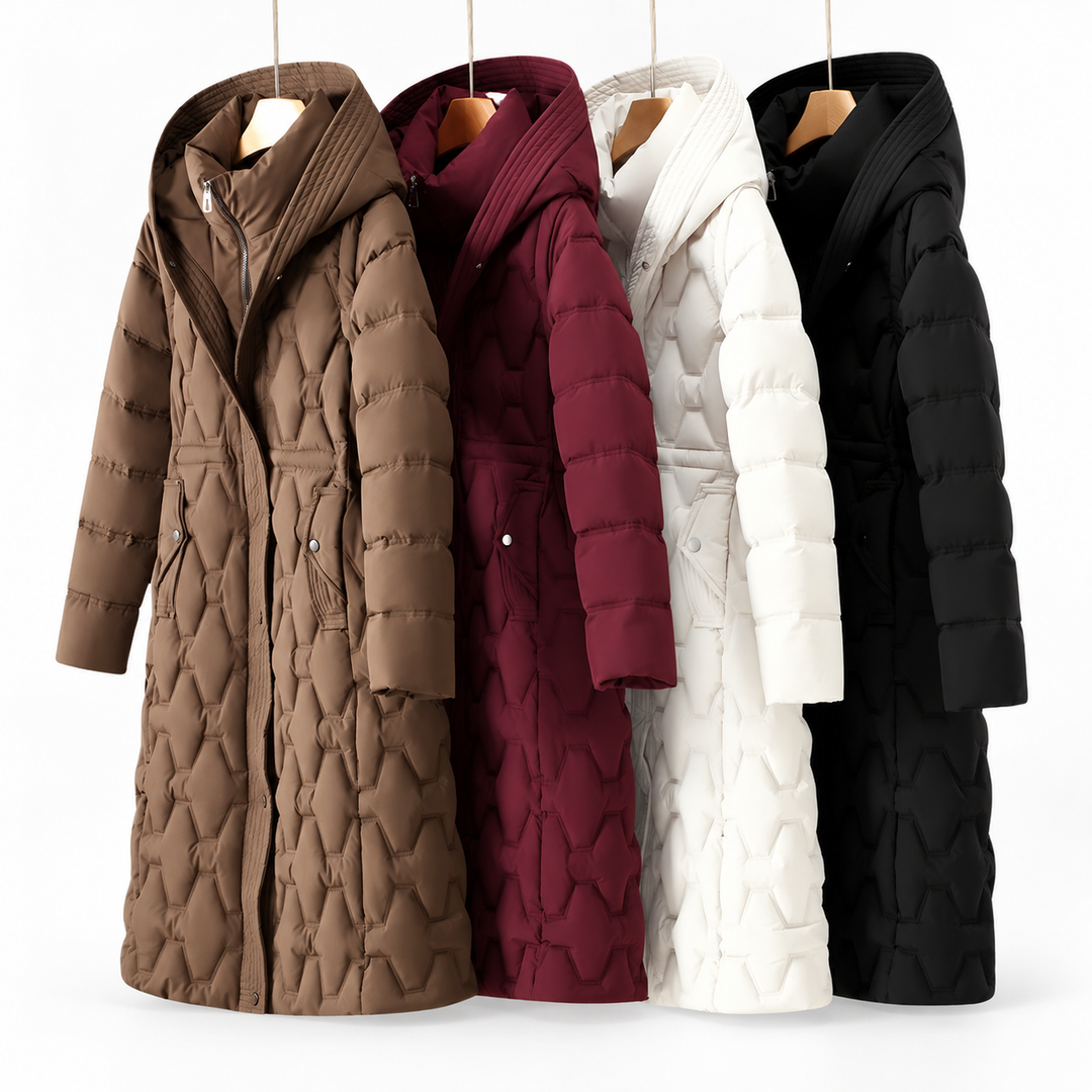 Longline quilted hooded coat by Bennett & Lowe, Jacqueline style, displayed on hangers, showcasing its winter coat design.