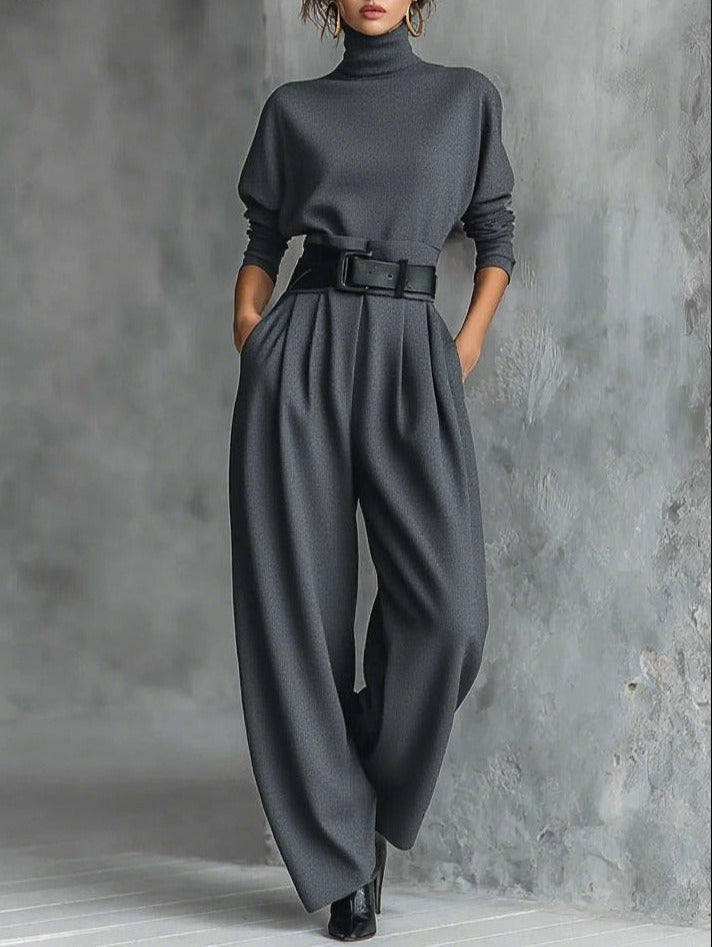 Fiona two-piece set for women includes a turtleneck sweater and straight-leg pants in neutral tones, by Bennett and Lowe.