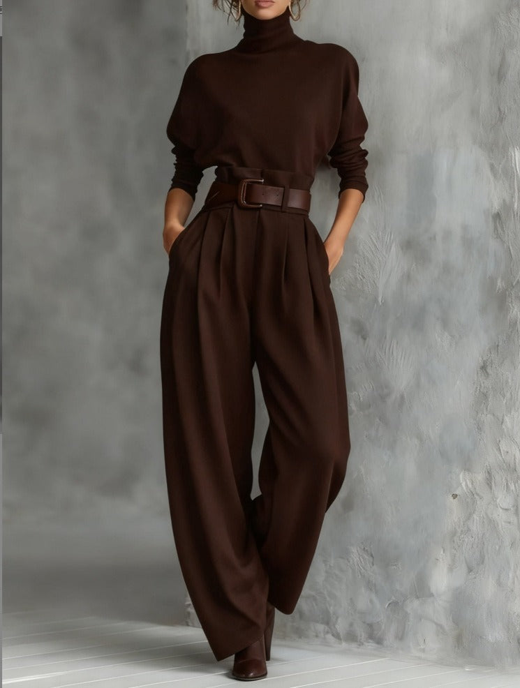 Bennett and Lowe Fiona two-piece set with a turtleneck sweater and straight-leg pants for women, shown in a cozy, stylish outfit.