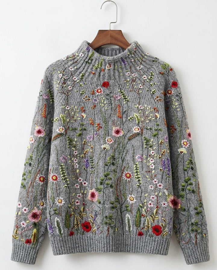 Rosamund floral knit jumper for women by Bennett and Lowe, featuring a colorful floral pattern and cozy knit fabric.