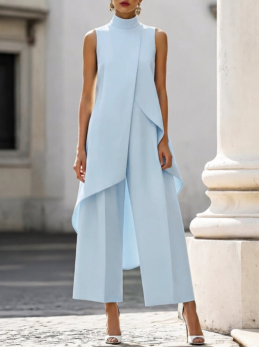 Martina high-neck wide-leg jumpsuit by Bennett and Lowe, shown on a model with a fitted top and flowing pant legs.