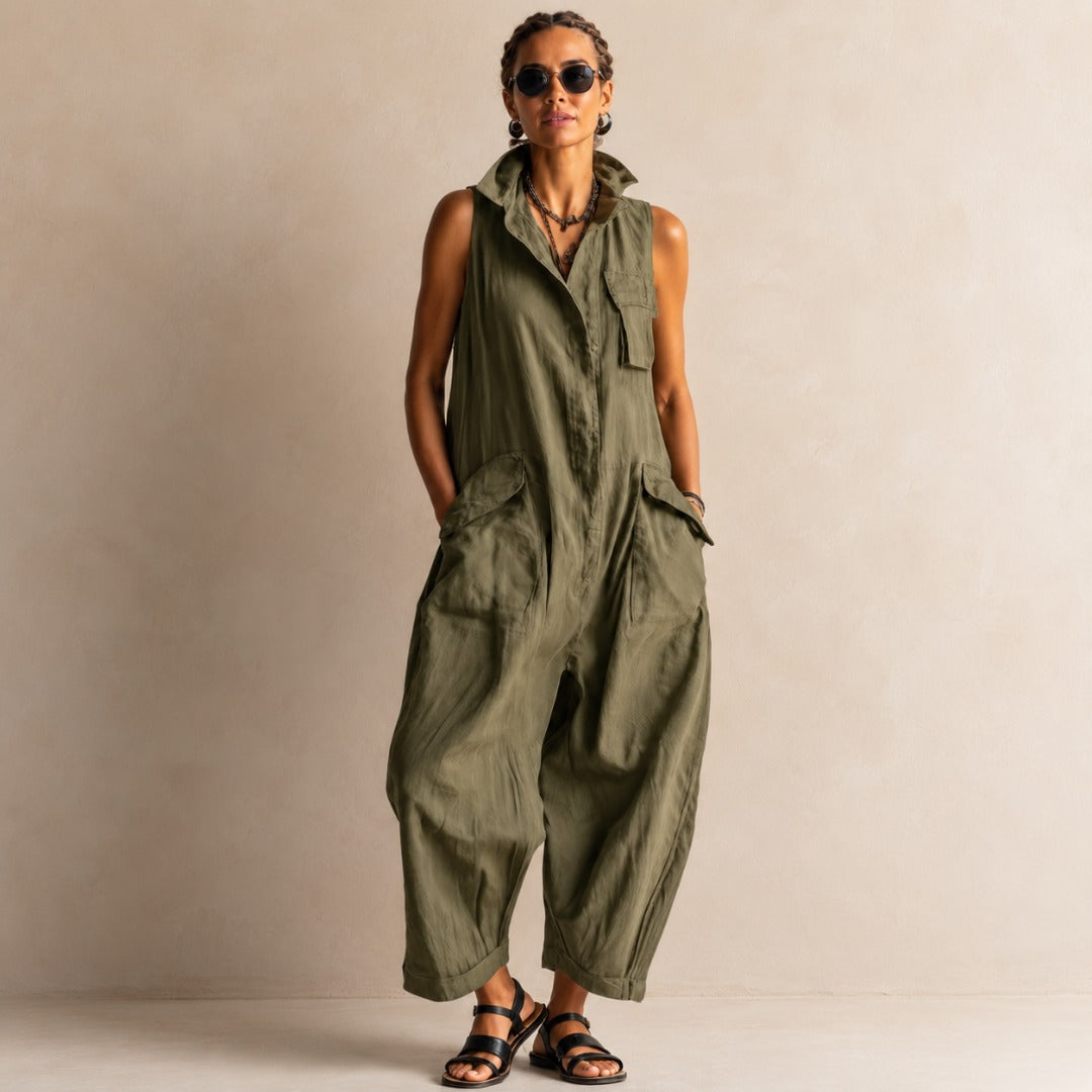 Women's relaxed cotton utility jumpsuit by Bennett and Lowe featuring a comfortable fit and practical design.