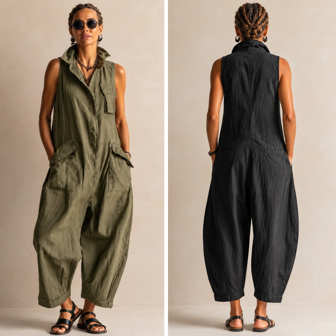 Women’s relaxed cotton utility jumpsuit by Bennett and Lowe, featuring a comfortable fit and functional design in a neutral tone.