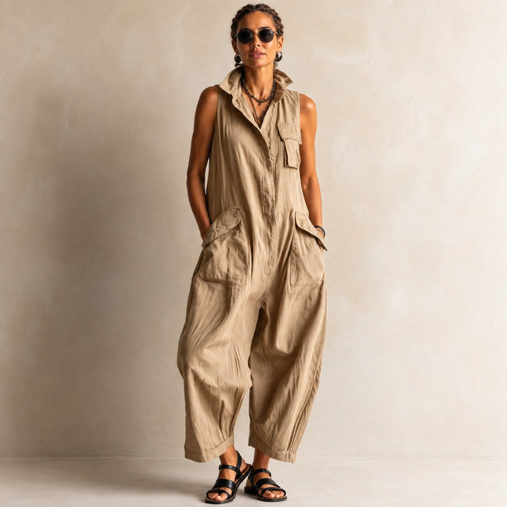Relaxed cotton utility jumpsuit for women by Bennett and Lowe, featuring a comfortable fit and functional design.