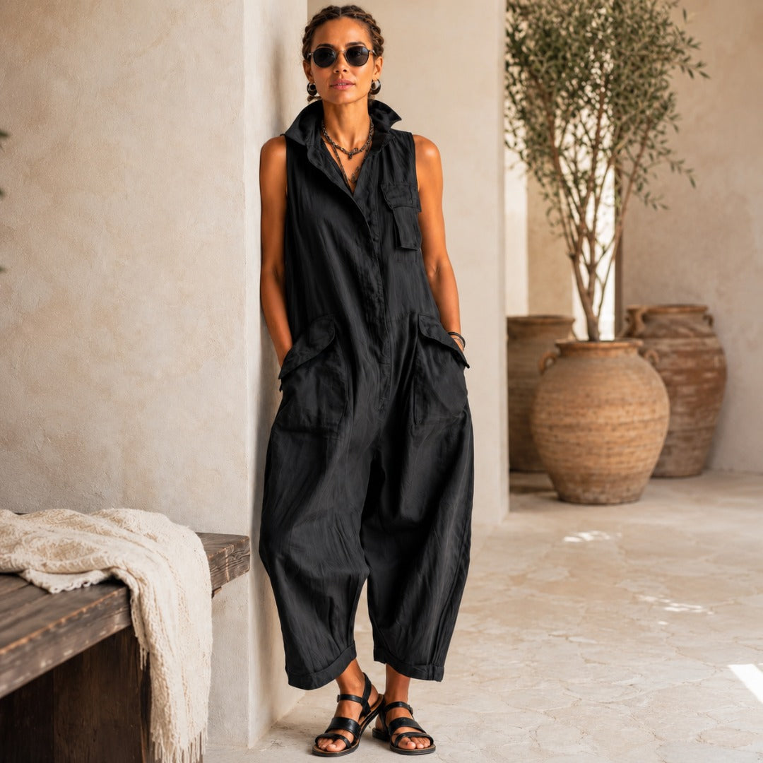 Women’s relaxed cotton utility jumpsuit by Bennett and Lowe featuring a comfortable fit and practical design.