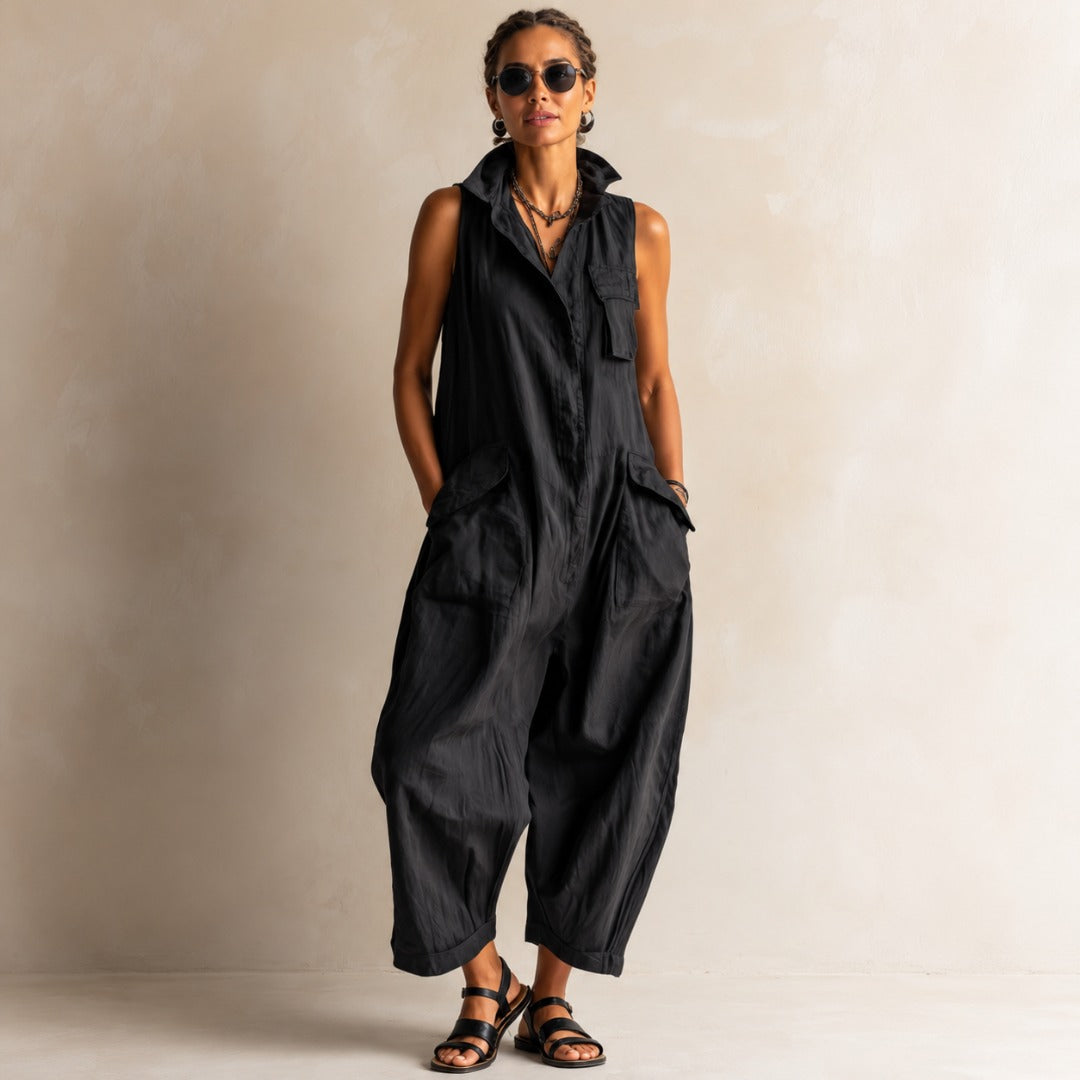 Grace Bennett and Lowe relaxed cotton utility jumpsuit for women, shown in a casual fit with pockets and adjustable straps.
