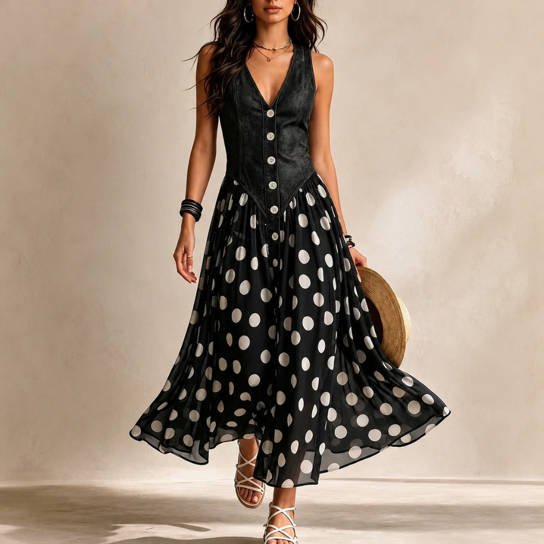 Polka-dot chiffon midi dress by Bennett and Lowe featuring a flowing silhouette and stylish design.