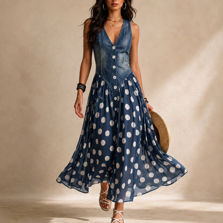 Polka-dot chiffon midi dress named Bianca by Bennett and Lowe, featuring a flowy design and stylish pattern.