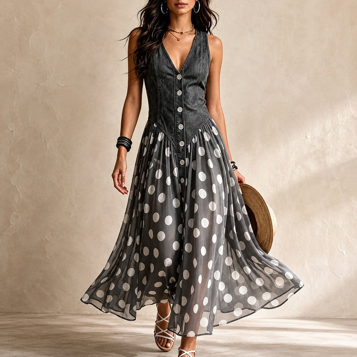 Polka-dot chiffon midi dress named Bianca by Bennett and Lowe, shown with flowing fabric and stylish design.