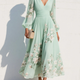 Maxi Pleated Chiffon Dress in Mint Green with Floral Print for Women