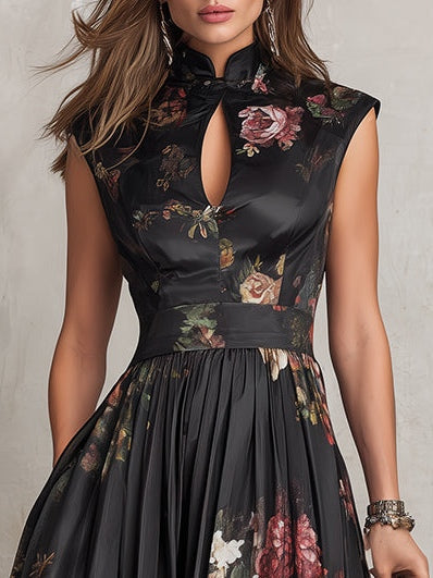 Violetta - Black Midi Dress in Pleated Satin