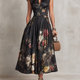 Violetta - Black Midi Dress in Pleated Satin with Floral Pattern and Keyhole Neckline