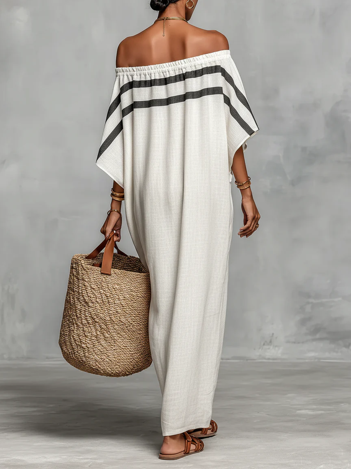 Aveline off-shoulder batwing maxi dress for women in flowing fabric, featuring a relaxed fit and elegant style.