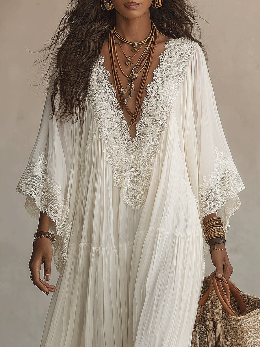 Celeste lace batwing maxi dress for women by Bennett and Lowe, featuring flowing fabric and intricate lace details.