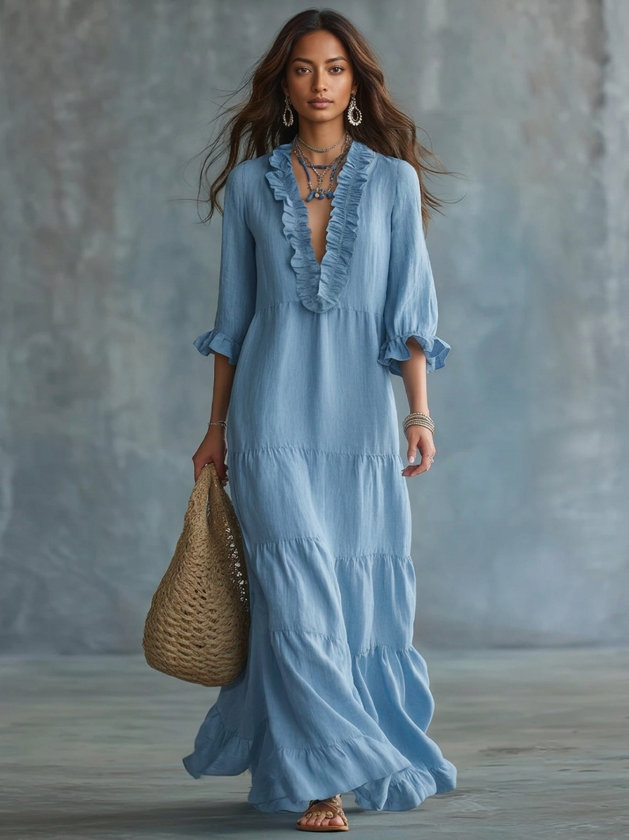 Bohemian V-neck maxi dress for women by Bennett and Lowe, featuring flowing fabric and a relaxed, stylish fit.