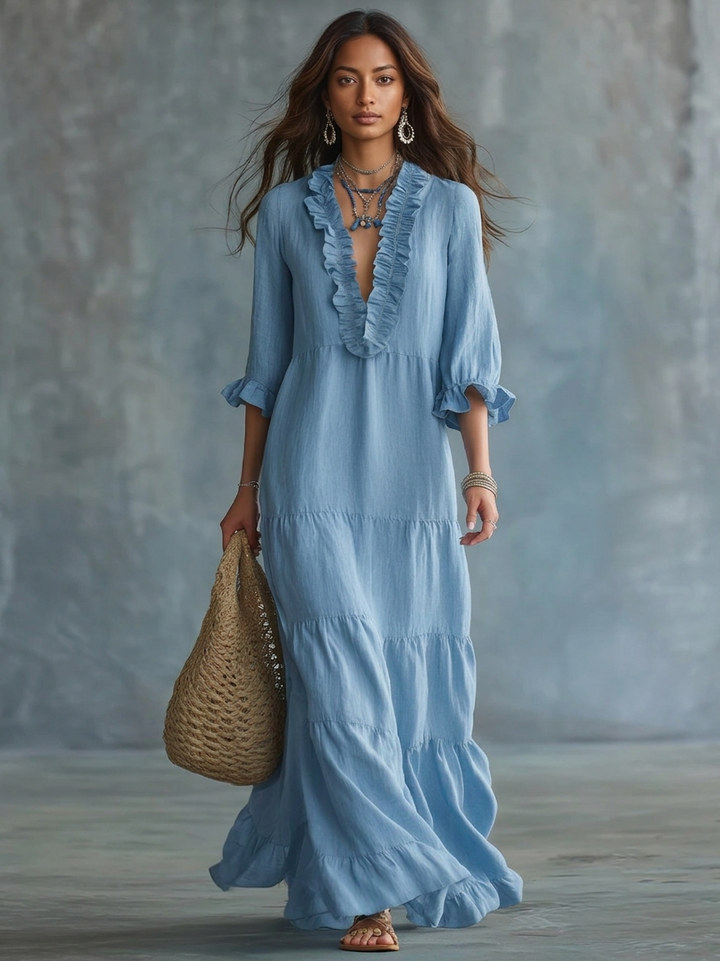 Bohemian V-neck maxi dress for women by Bennett and Lowe, featuring flowing fabric and a relaxed, stylish fit.
