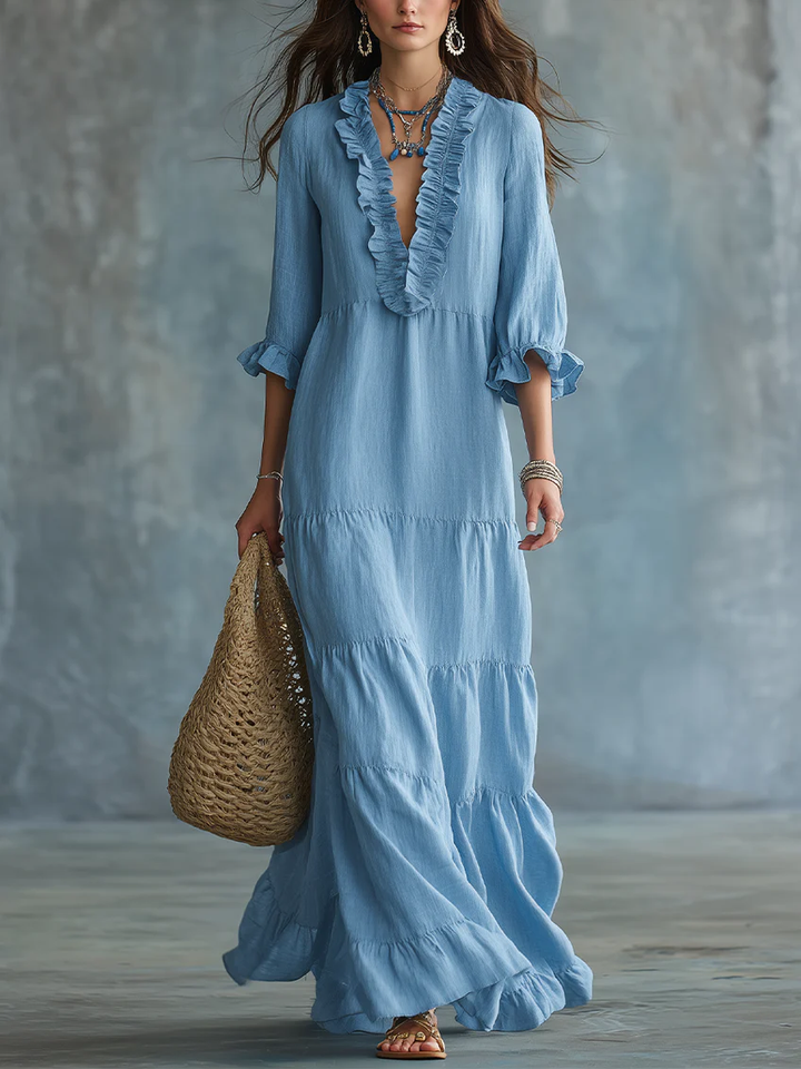 Anita Bennett and Lowe bohemian V-neck maxi dress for women, featuring flowing fabric and boho-inspired design.