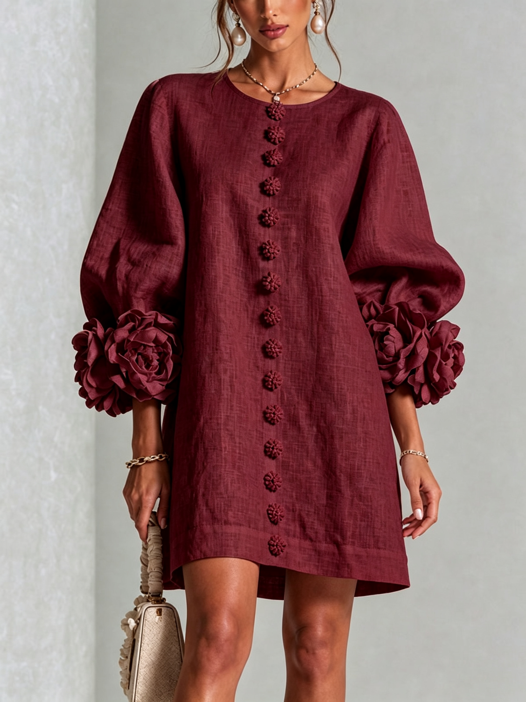 Henrietta™ floral button-down mini dress by Bennett and Lowe in burgundy with a fitted waist and short sleeves.