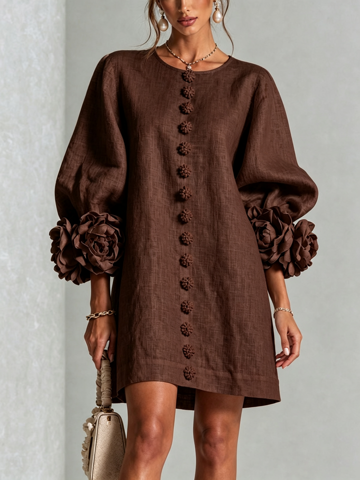 Henrietta™ floral button-down mini dress by Bennett and Lowe in mocha brown with a fitted waist and short sleeves.