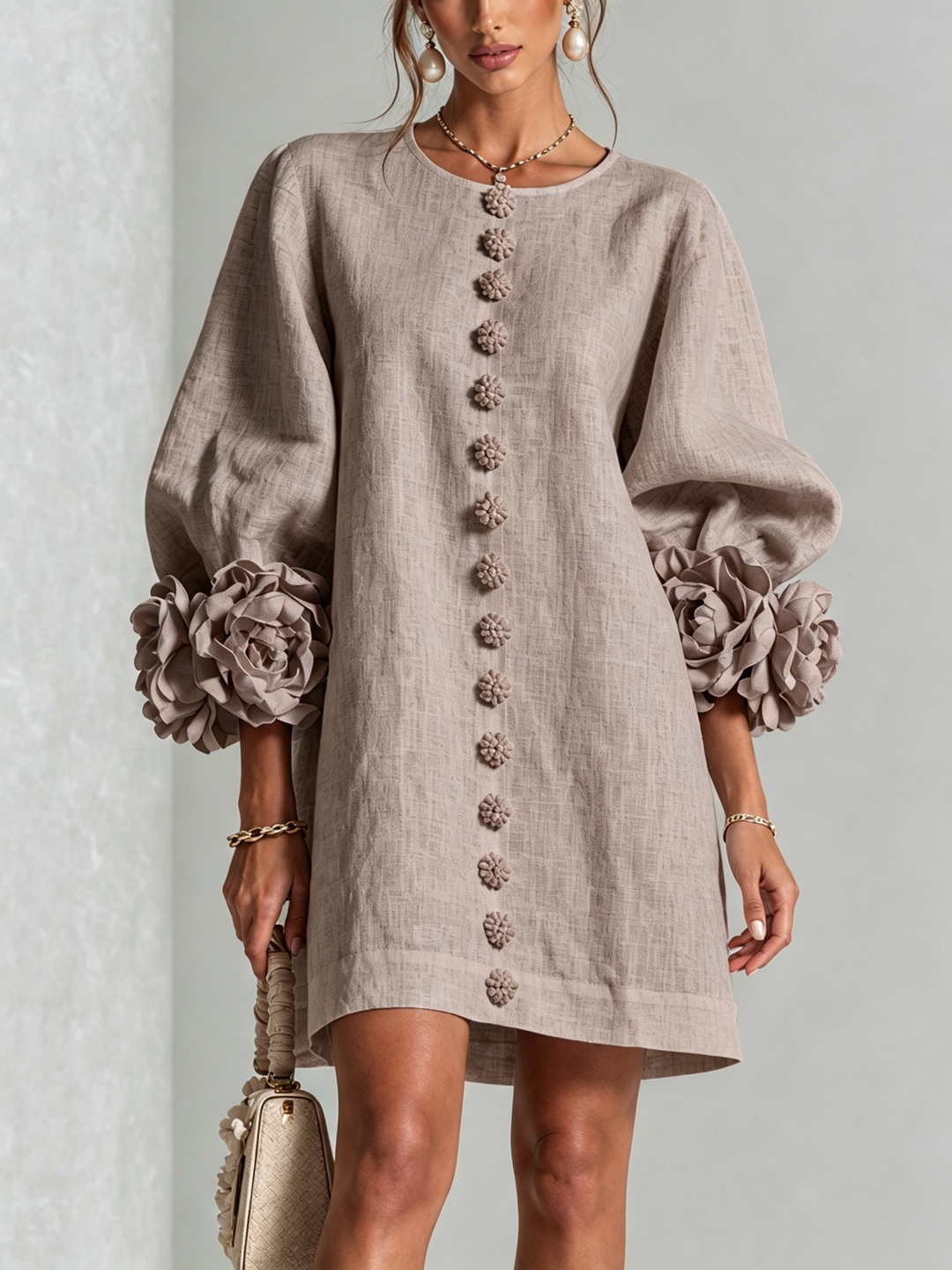 Henrietta™ Floral Button-Down Mini Dress by Bennett and Lowe, in mushroom taupe with a floral pattern and front buttons.