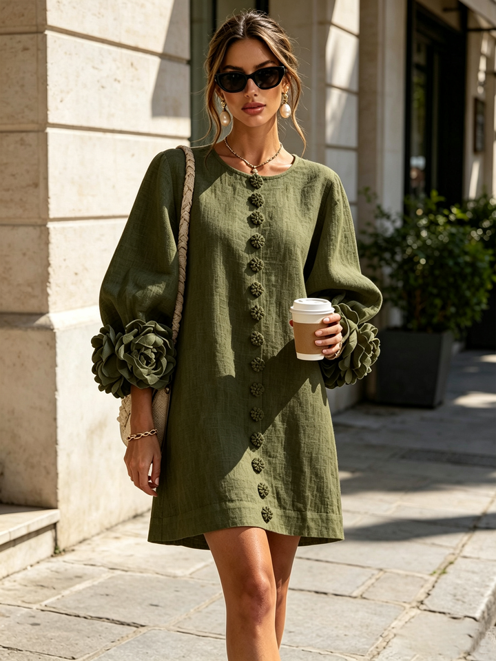 Henrietta™ Floral Button-Down Mini Dress in olive green with long sleeves and a tie waist by Bennett and Lowe