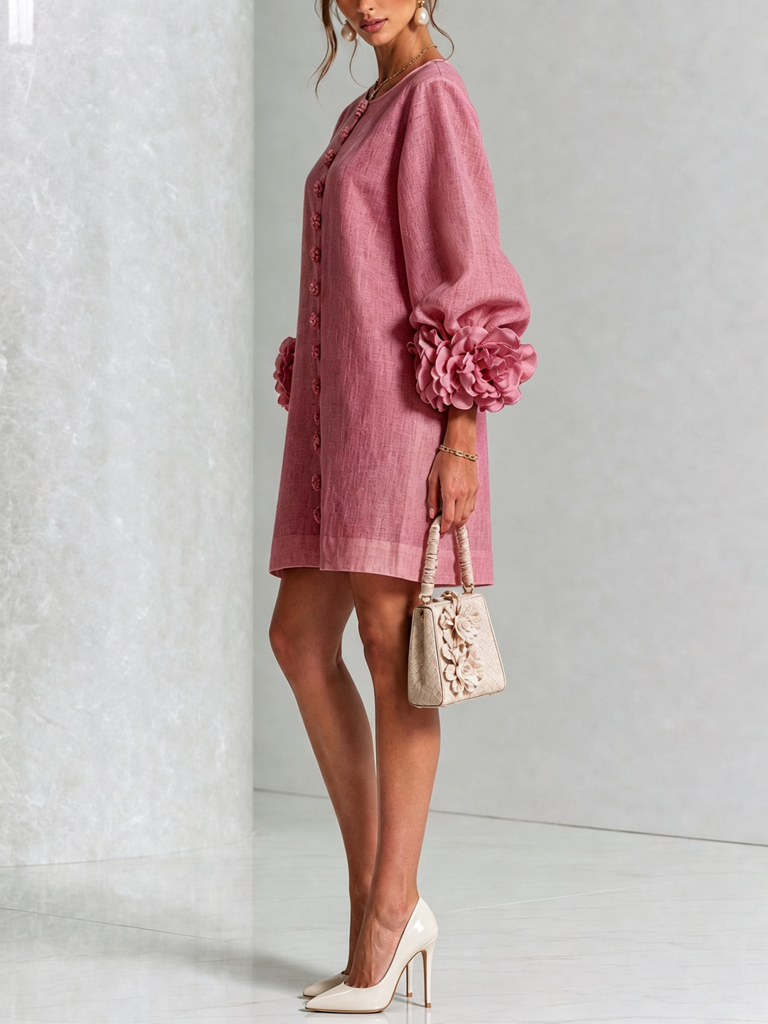 Henrietta™ Floral Button-Down Mini Dress by Bennett and Lowe shown in pink rose print, with long sleeves and a fitted waist.