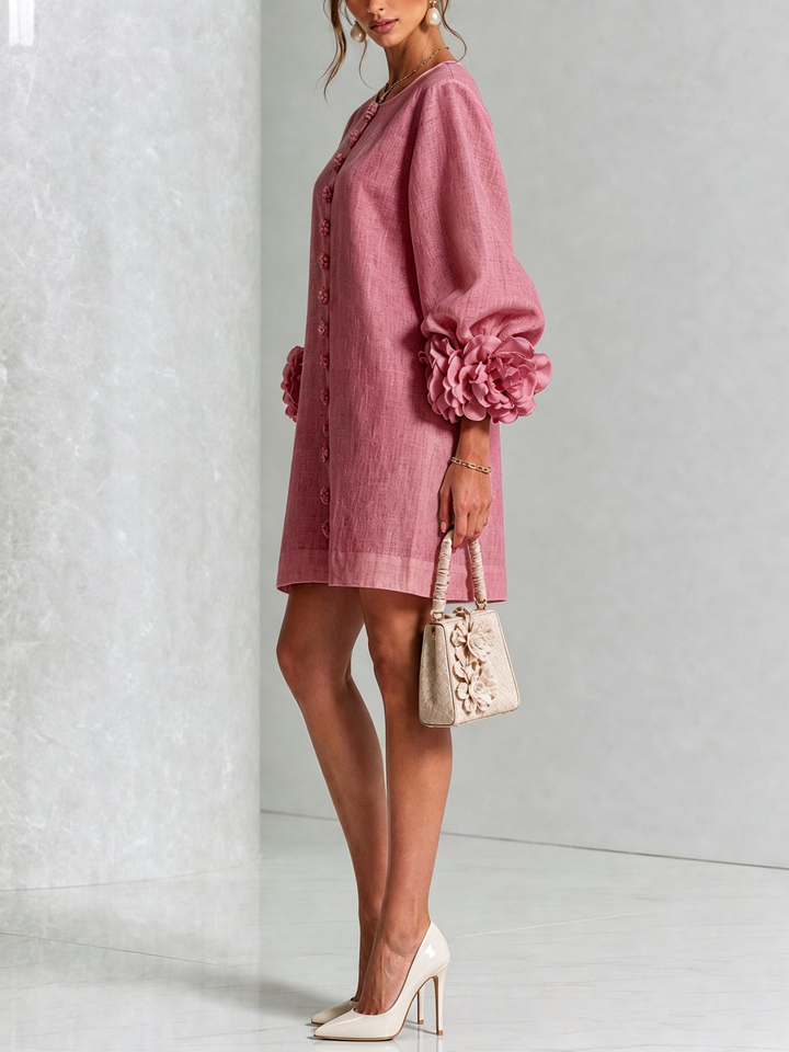 Henrietta™ Floral Button-Down Mini Dress by Bennett and Lowe shown in pink rose print, with long sleeves and a fitted waist.