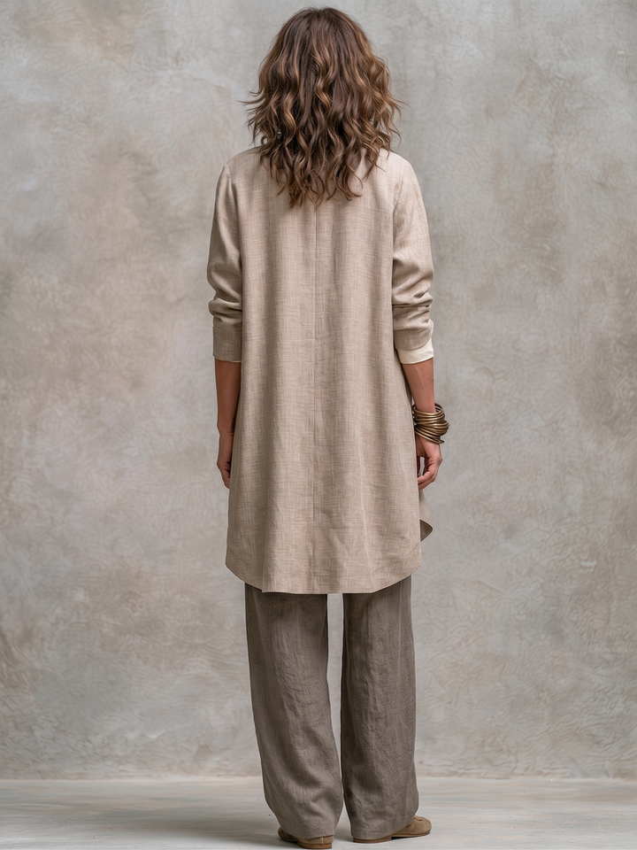Simone Bennett and Lowe layered three-piece wide-leg matching set with a stylish top and matching pants, casual and elegant for everyday wear.