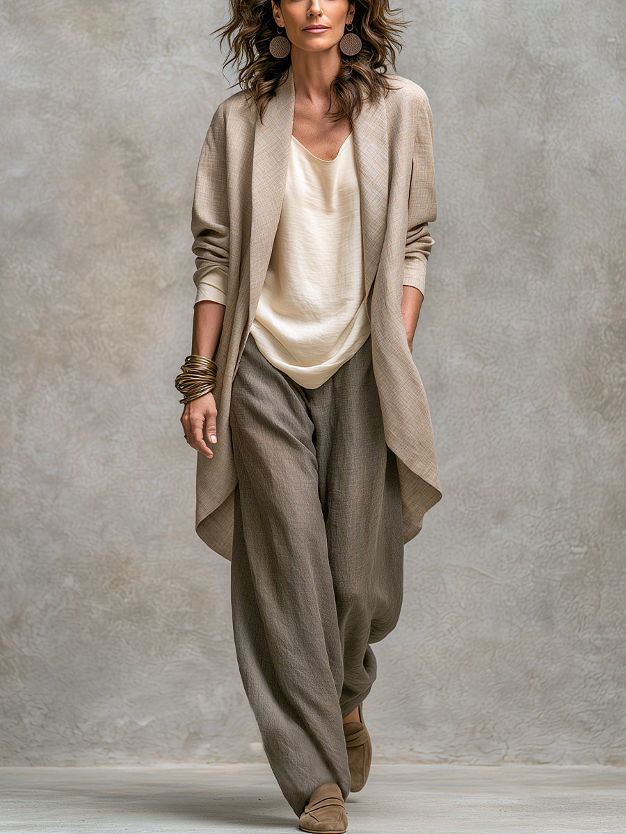 Simone Bennett and Lowe layered three-piece wide-leg matching set featuring a stylish top, pants, and jacket in soft fabric.