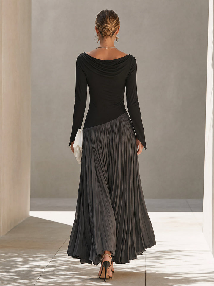 Peggy | Two-Tone Draped-Neck Long-Sleeve Maxi Dress for Women