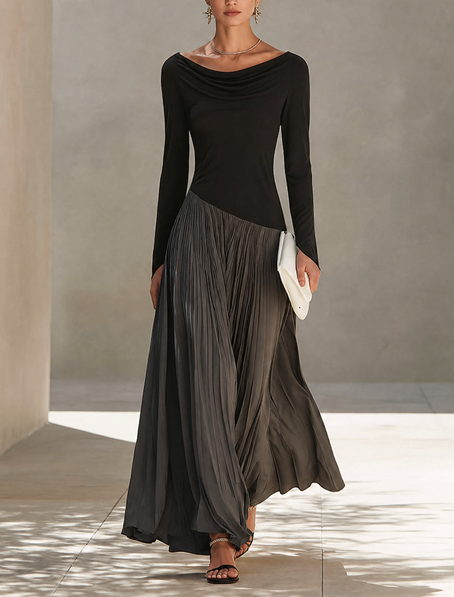 Peggy | Two-Tone Draped-Neck Long-Sleeve Maxi Dress for Women