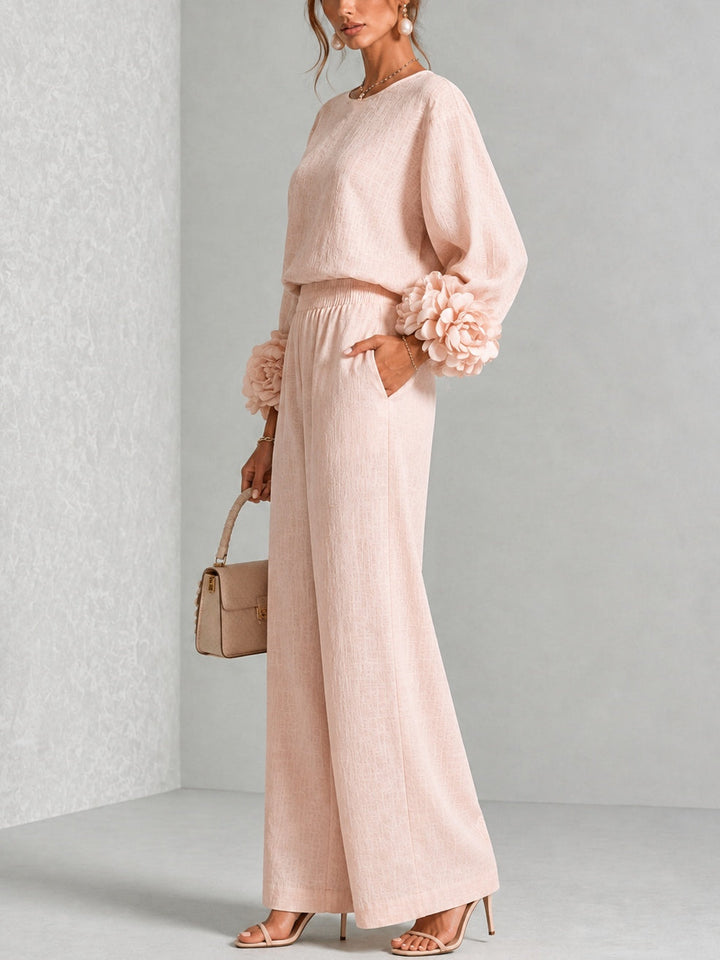 Pink Yolanda™ Ruffle Cuff Two-Piece Set by Bennett and Lowe featuring ruffled cuffs and a stylish, coordinated top and bottom.