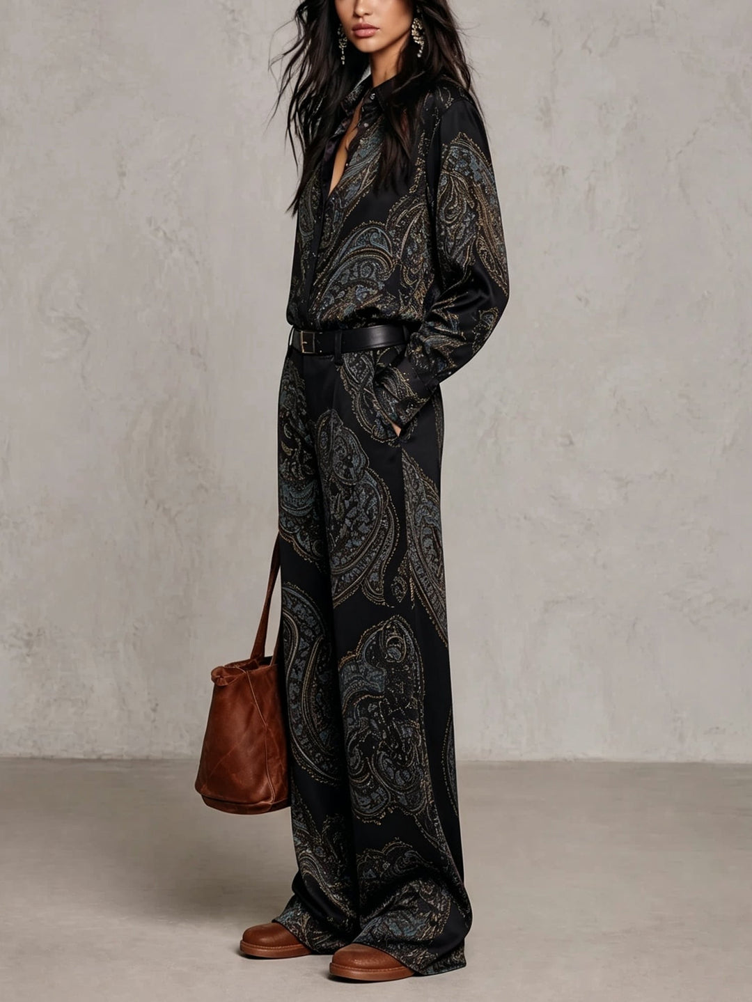 Eugenia | Paisley Print Button-Up Wide-Leg Two-Piece Set for Women
