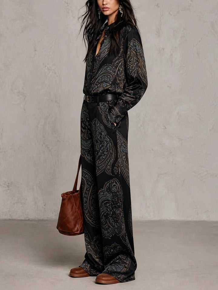 Eugenia | Paisley Print Button-Up Wide-Leg Two-Piece Set for Women