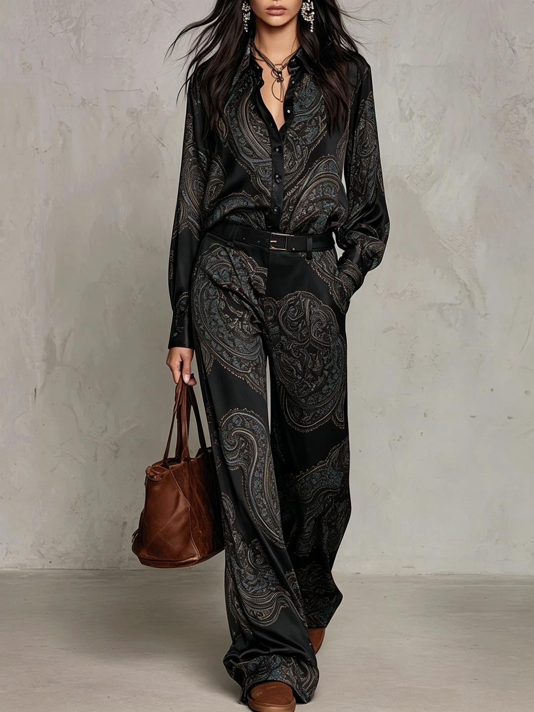 Eugenia | Paisley Print Button-Up Wide-Leg Two-Piece Set for Women