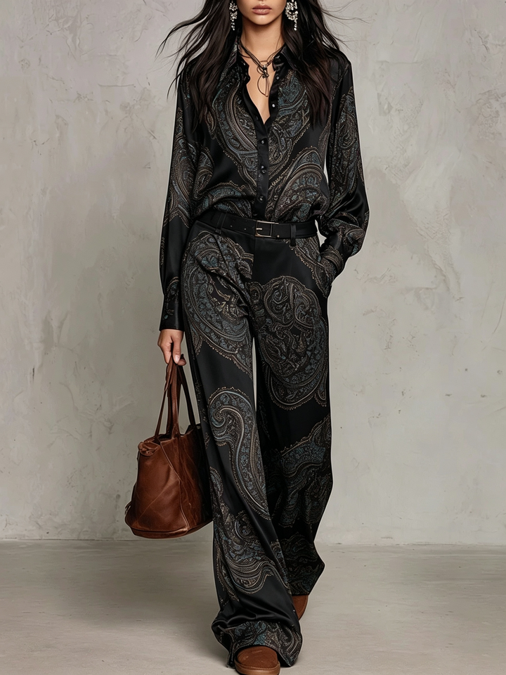 Eugenia | Paisley Print Button-Up Wide-Leg Two-Piece Set for Women