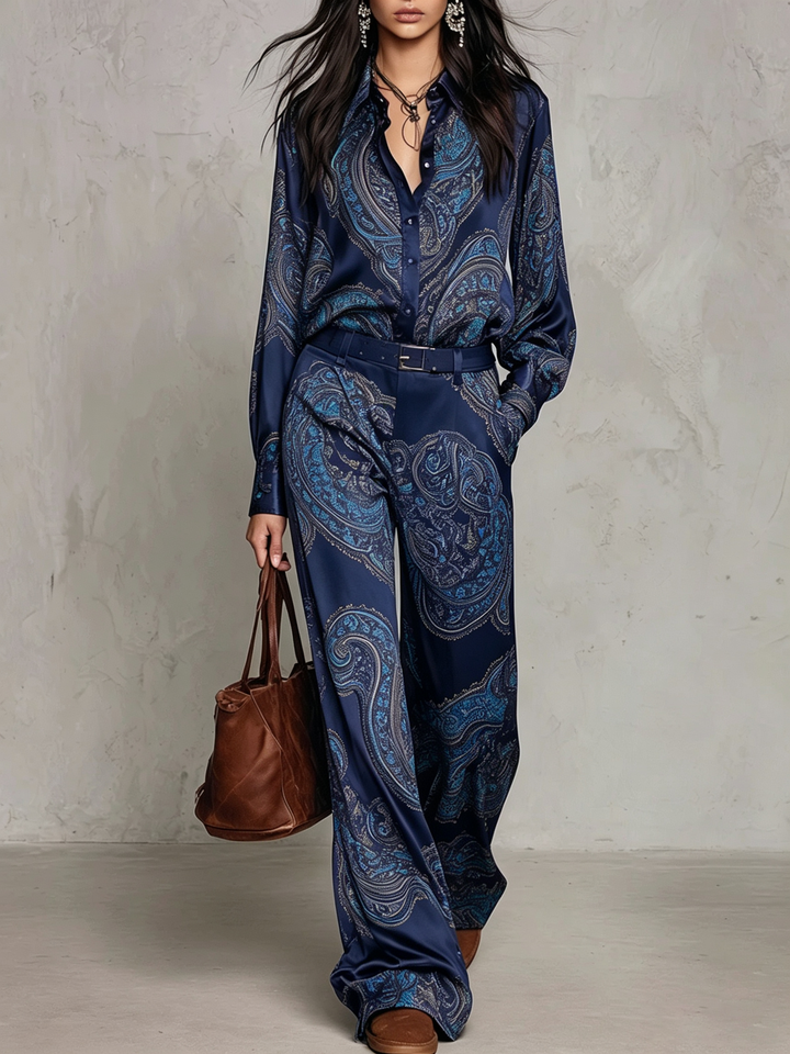 Eugenia | Paisley Print Button-Up Wide-Leg Two-Piece Set for Women