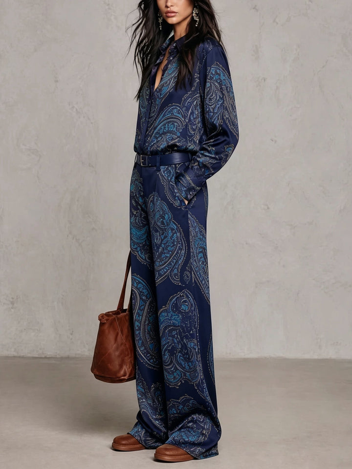 Eugenia | Paisley Print Button-Up Wide-Leg Two-Piece Set for Women