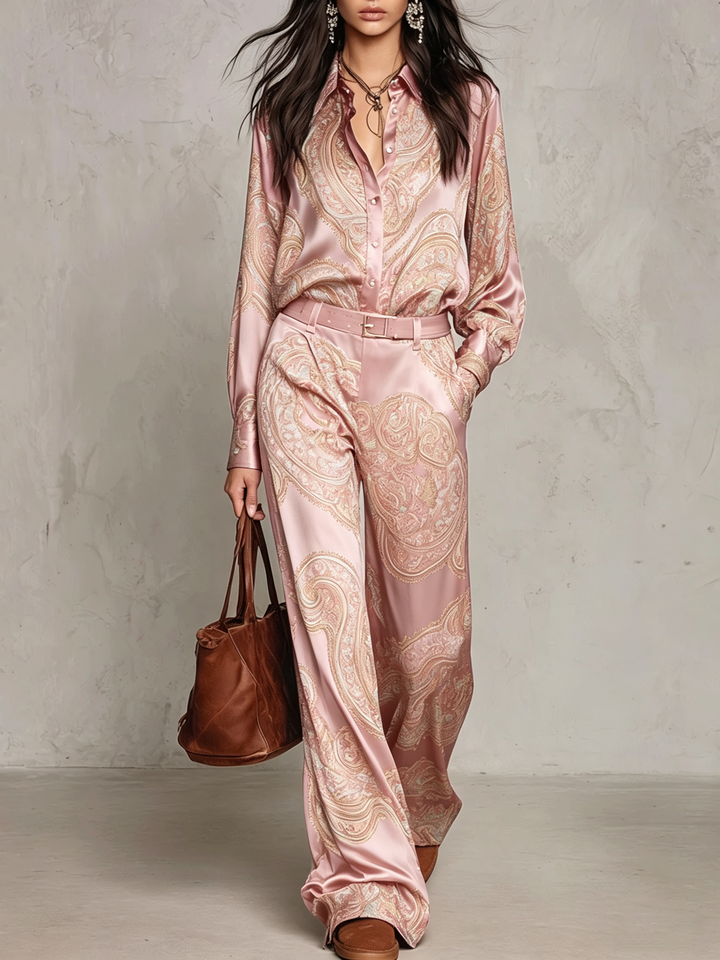 Eugenia | Paisley Print Button-Up Wide-Leg Two-Piece Set for Women