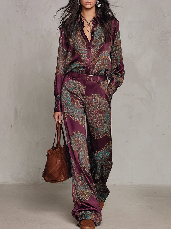 Eugenia | Paisley Print Button-Up Wide-Leg Two-Piece Set for Women