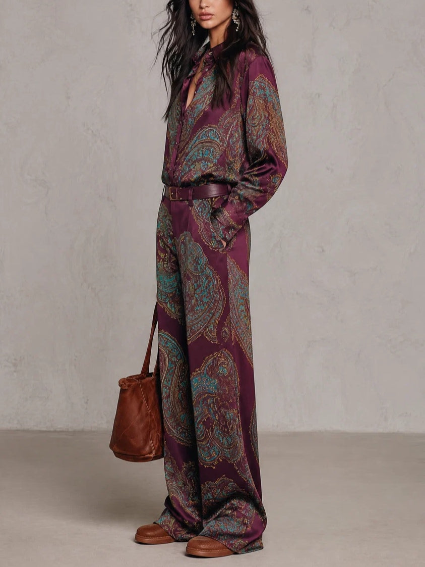 Eugenia | Paisley Print Button-Up Wide-Leg Two-Piece Set for Women