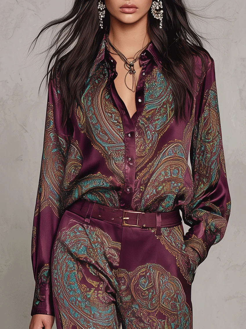 Eugenia | Paisley Print Button-Up Wide-Leg Two-Piece Set for Women