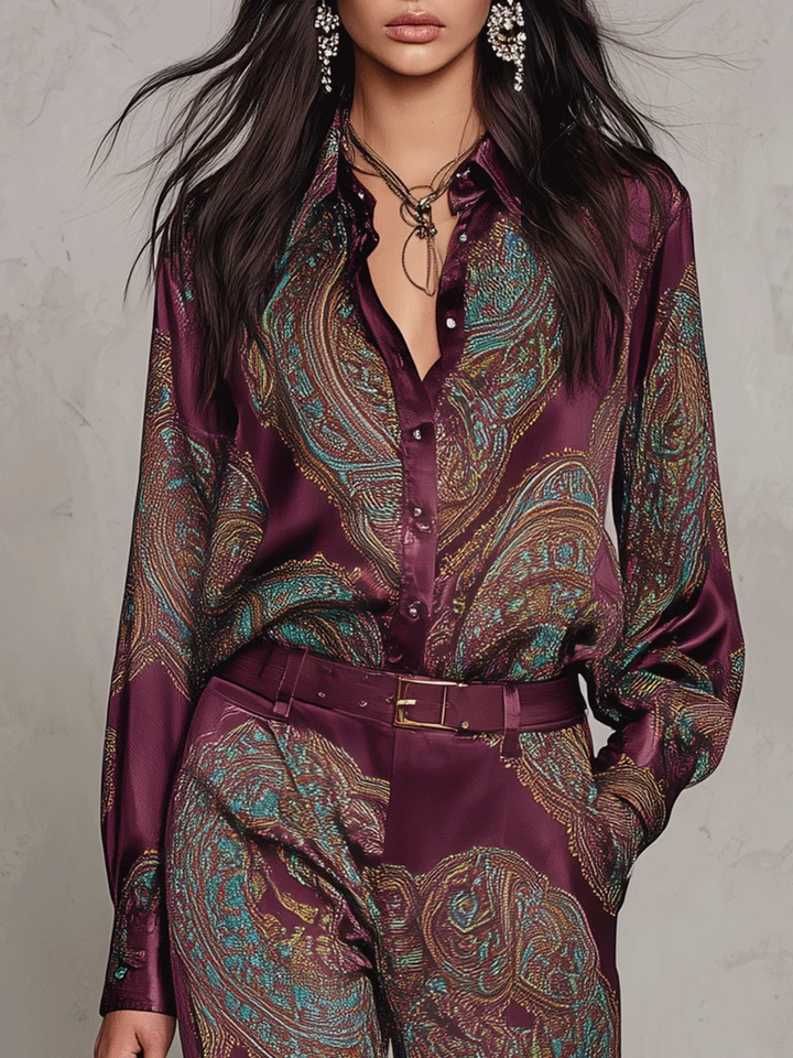 Eugenia | Paisley Print Button-Up Wide-Leg Two-Piece Set for Women