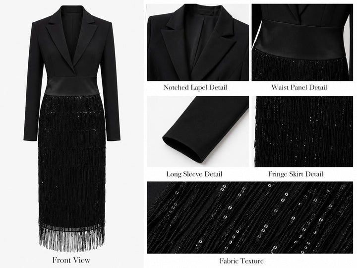 Bennett and Lowe Ottavia tuxedo fringe midi dress in a tailored black design with decorative fringe detailing