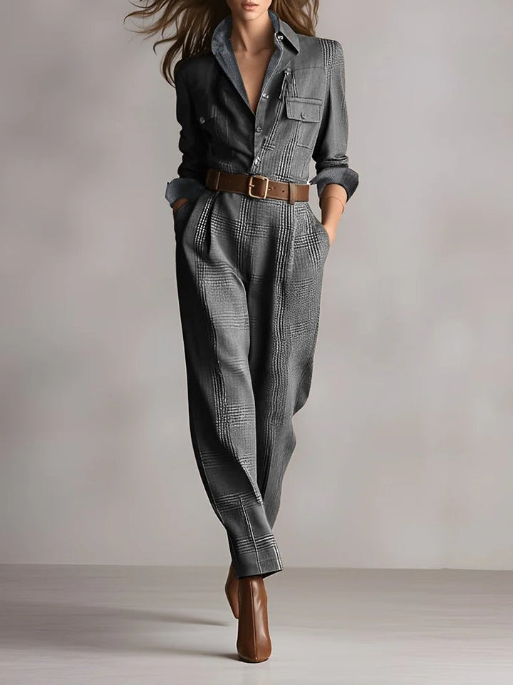 Gray textured sleeveless jumpsuit by Bennett and Lowe, Valerie style, with a fitted waist and wide-leg pants.